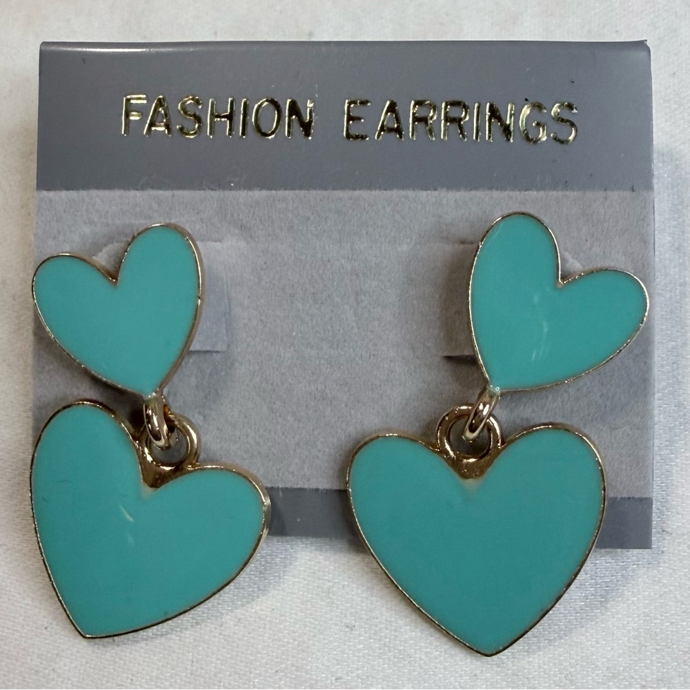 Gold and Teal Double Heart Dangle Earrings